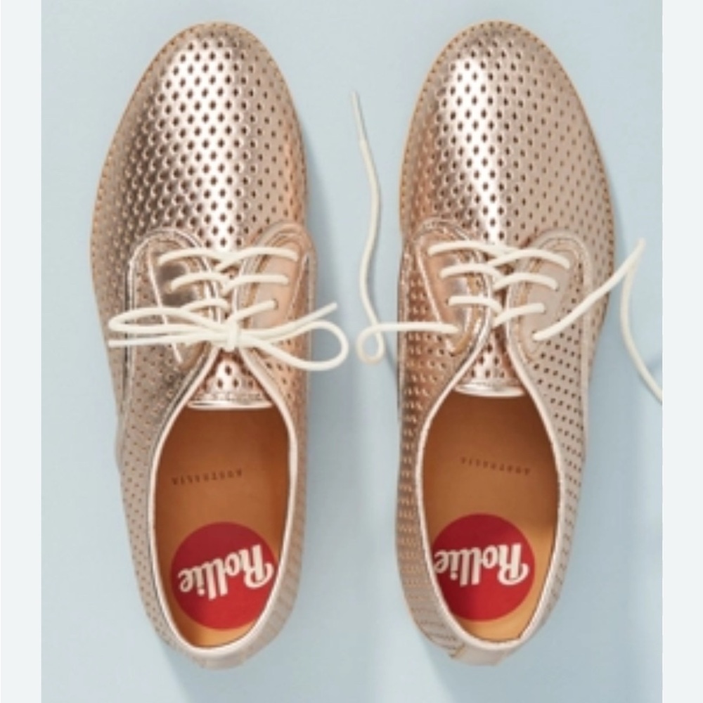 Rollie Derby Punch Perforated Leather Oxford Loafers Rose Gold Size 7